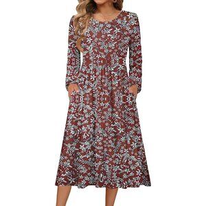Zeagoo Women Red Pattern Long Sleeve Flowy A-Line Boho Long Dress with Pockets